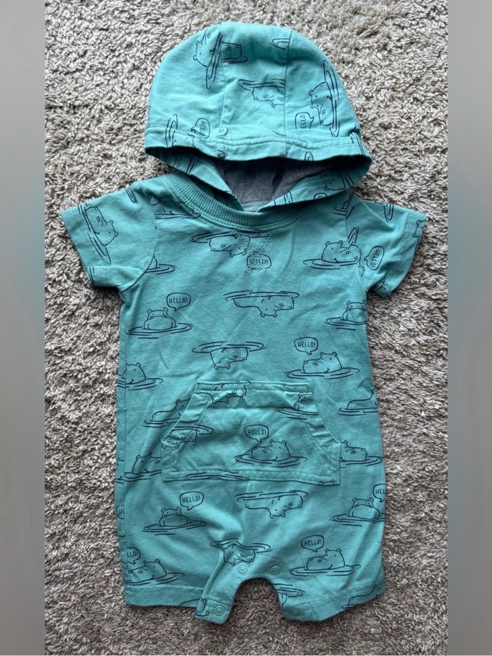 Carter’s Baby Hooded Short Sleeve Romper Hippo Print Aqua 9 Months